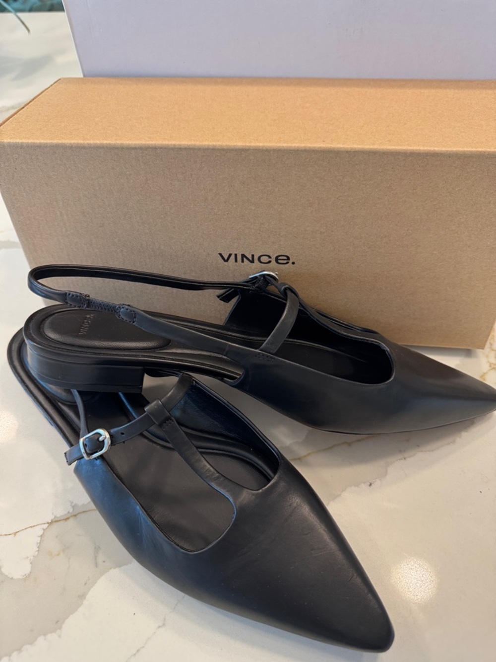 Vince Black Leather Pointed Slingback Mules US 11